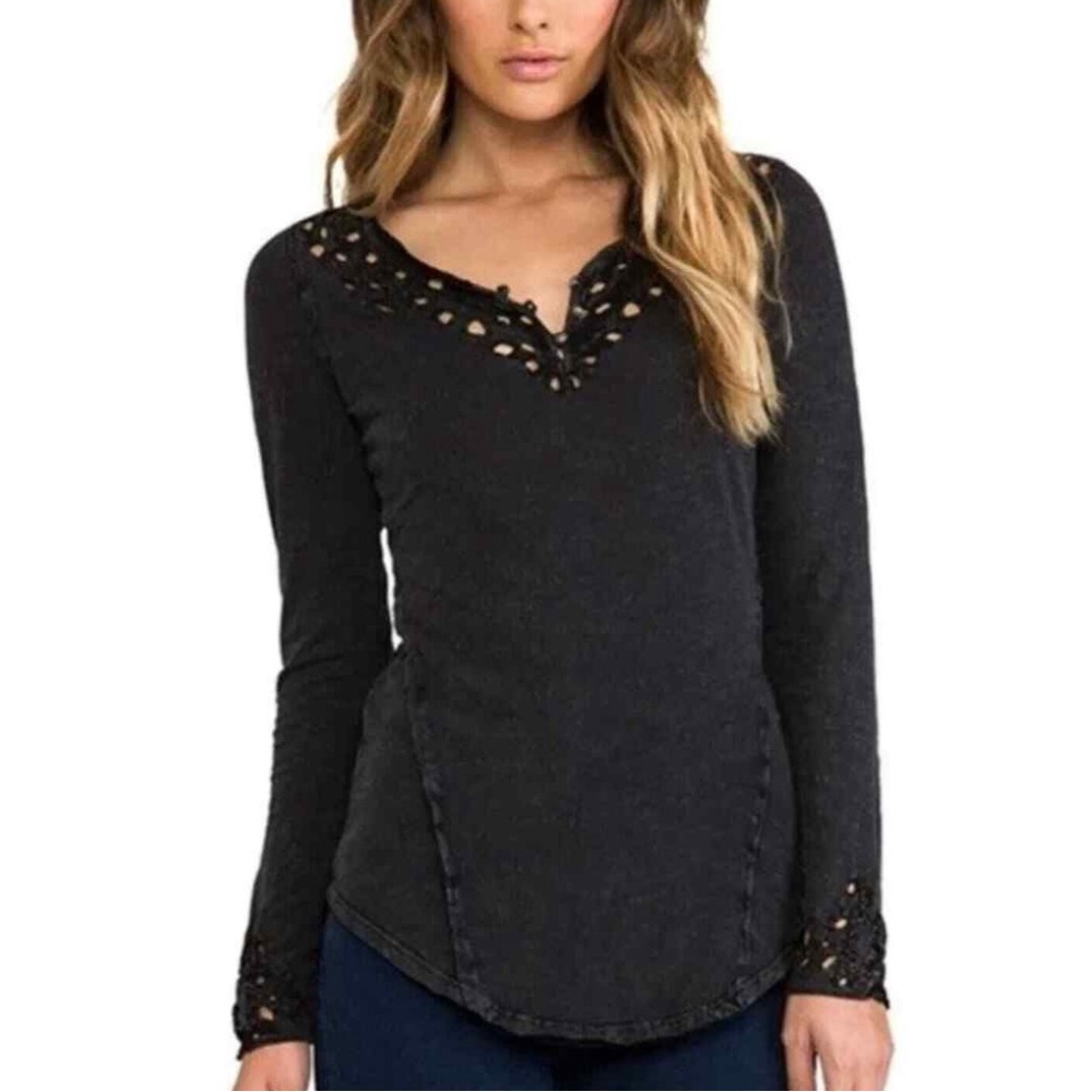 Free People Black Color Blue Luna Cutout Henley Long Sleeve Blouse Top